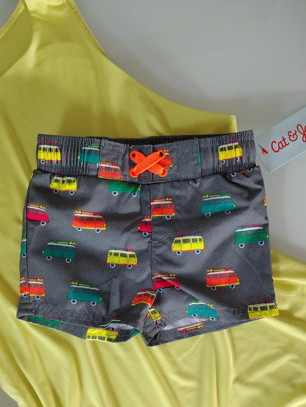 Cat & Jack Gray Swim Trunks with Multicolor Vans and Orange Drawstring